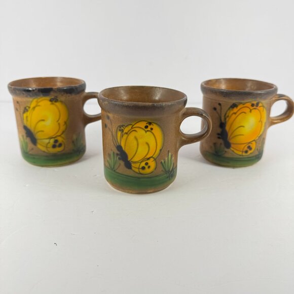 Set of 3 McCoy Pottery Butterfly Mugs Vintage Hand Painted Brown Yellow Cups - Picture 1 of 11